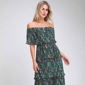 Lulu- Green Floral Print Ruffle Midi Dress